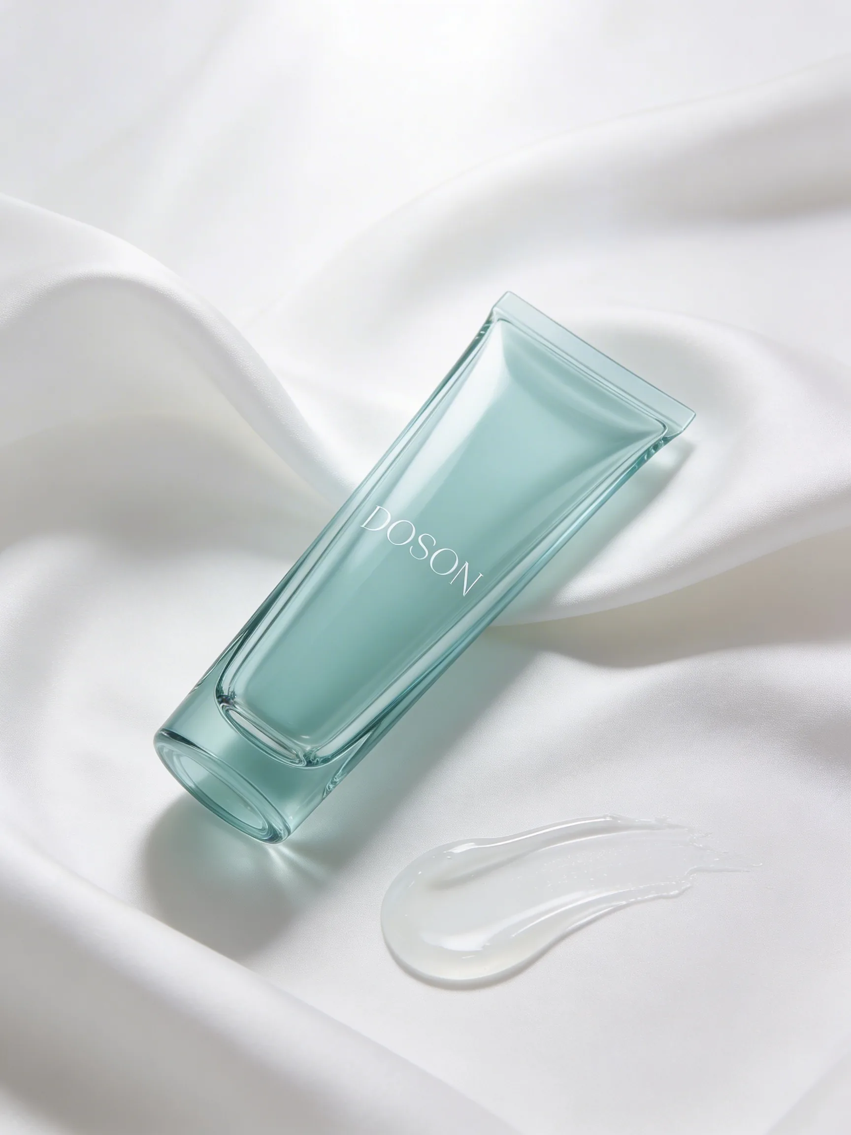 Cleanser on white silk — cinematic