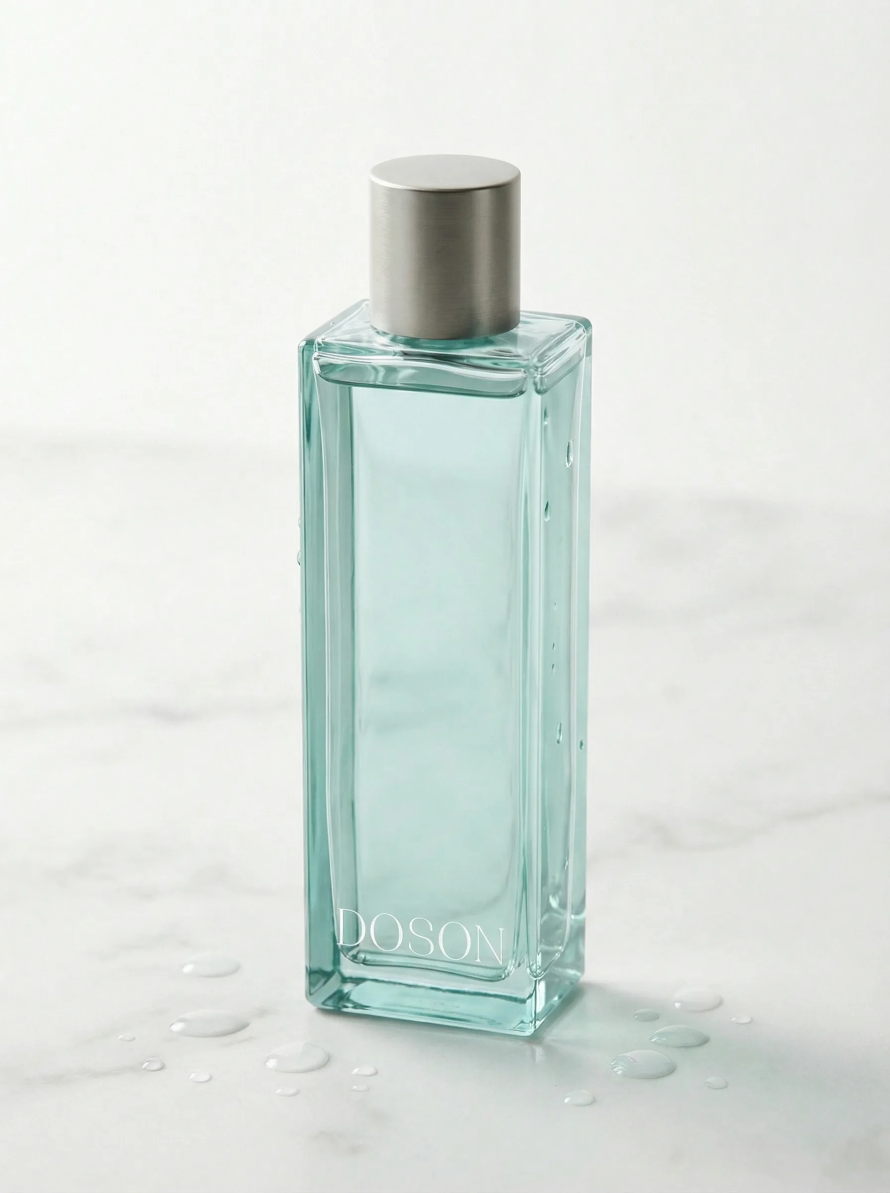 Toner on marble with water droplets — cinematic