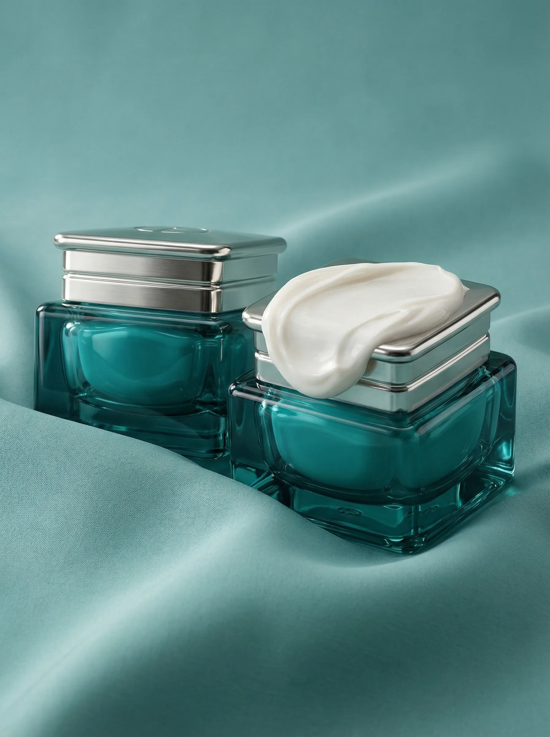 Cream jars on teal silk — cinematic