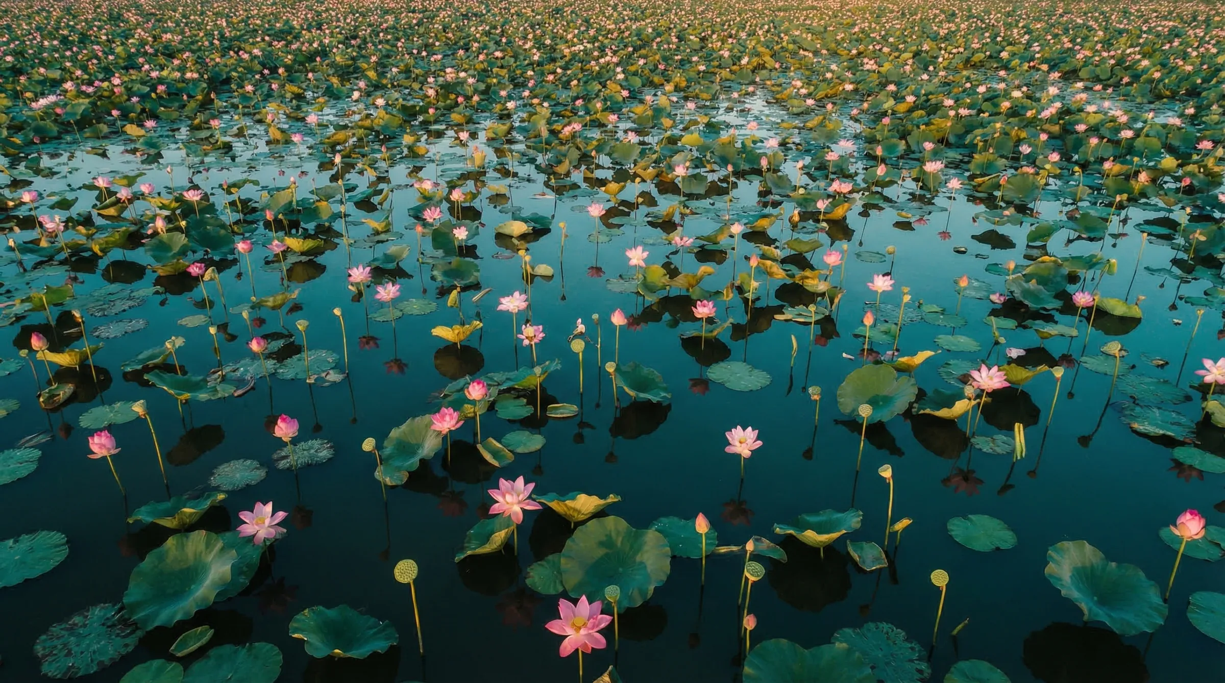 Aerial view of Vietnamese lotus pond at golden hour