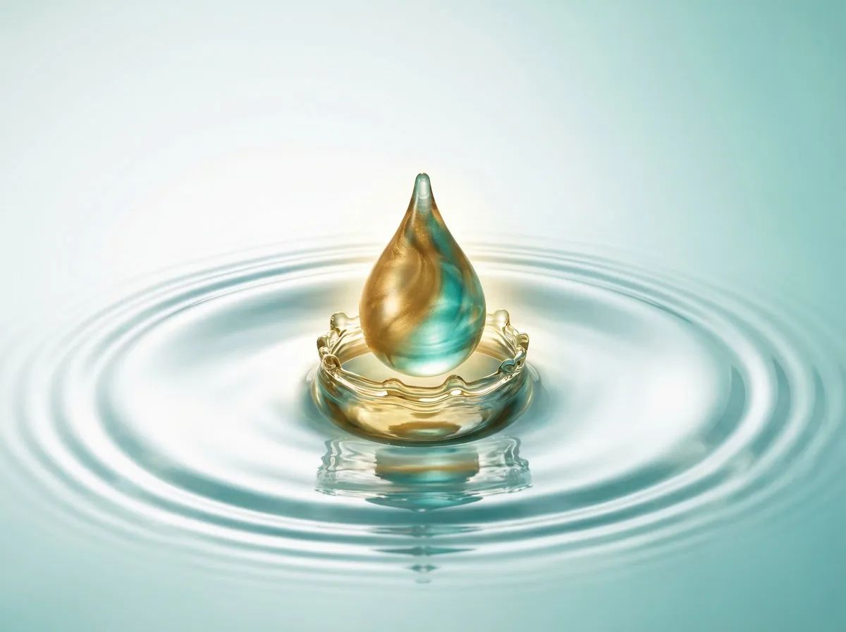 Golden-teal serum drop creating ripples in liquid