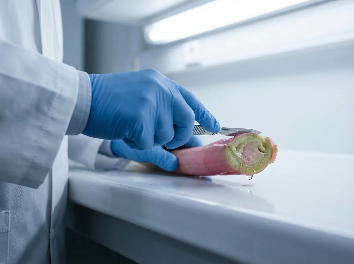 Lotus stem being carefully cut in laboratory — extracting bioactive complex
