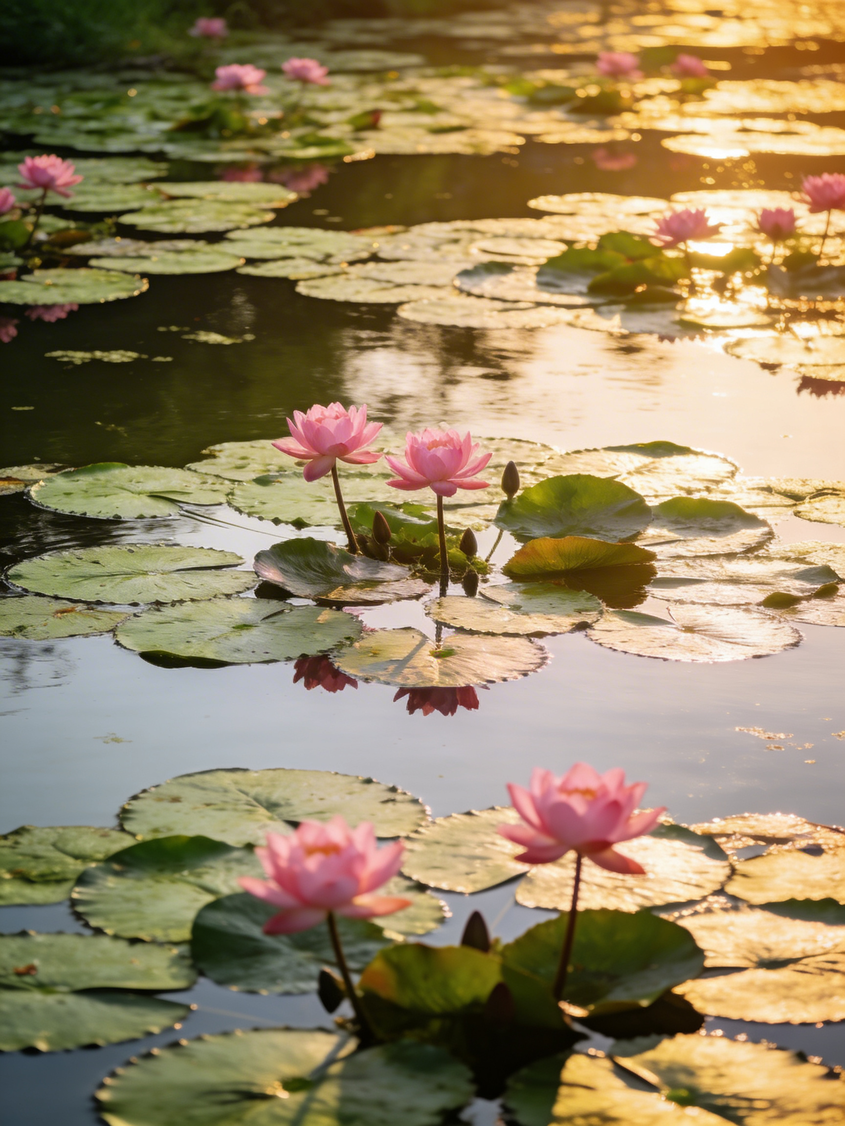 Vietnamese lotus pond at golden hour