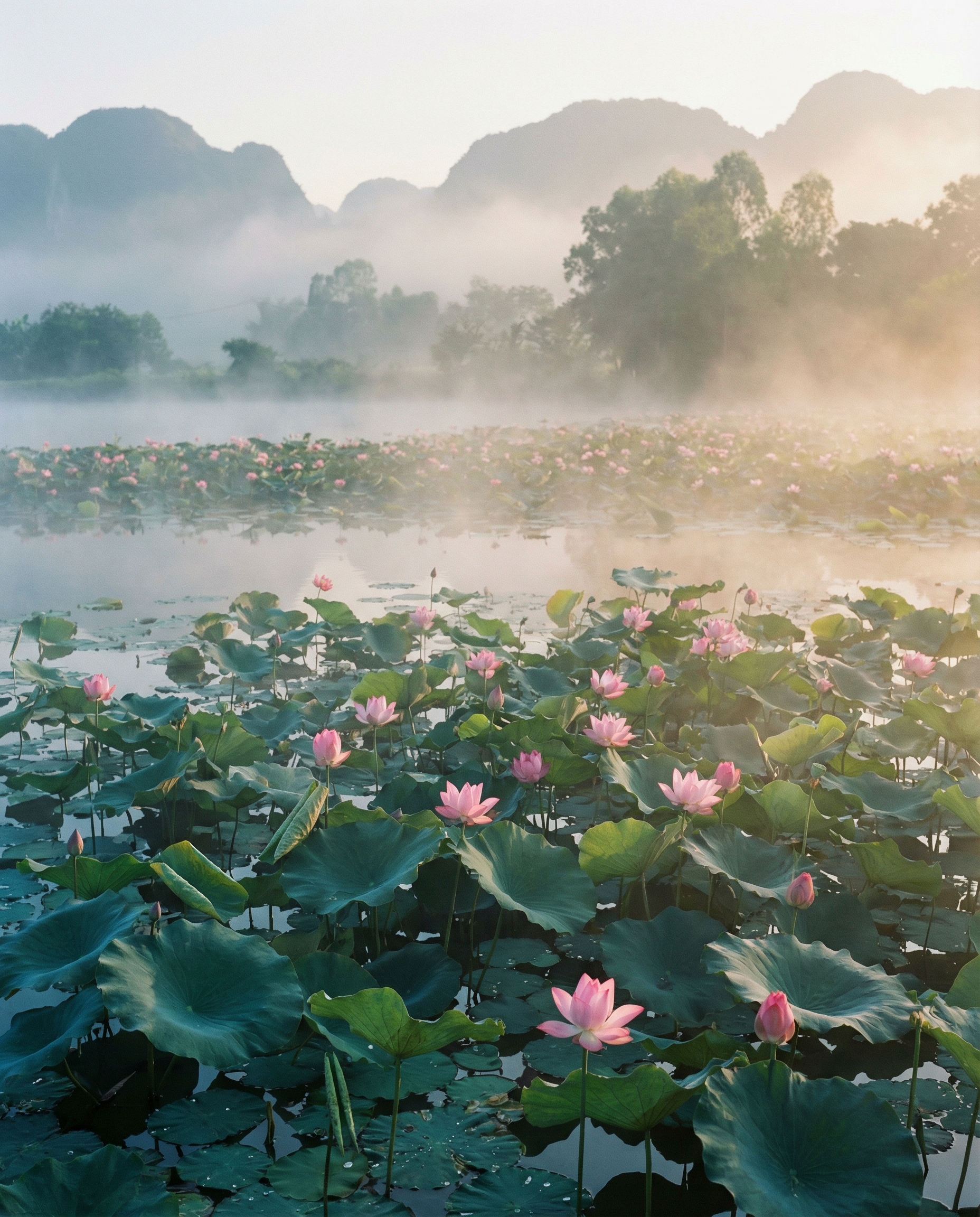 Vietnamese lotus field at dawn with misty mountains