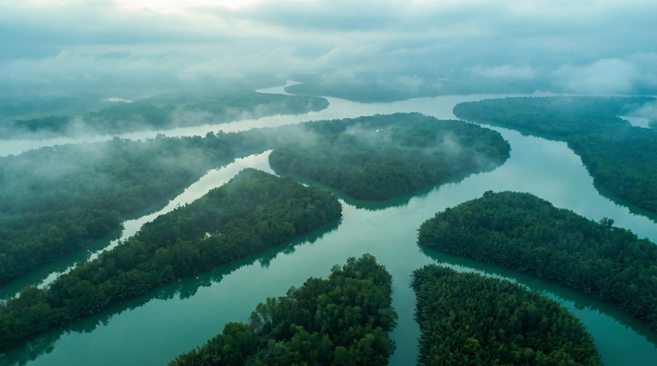 Aerial view of Vietnamese river delta at dawn, emerald teal water