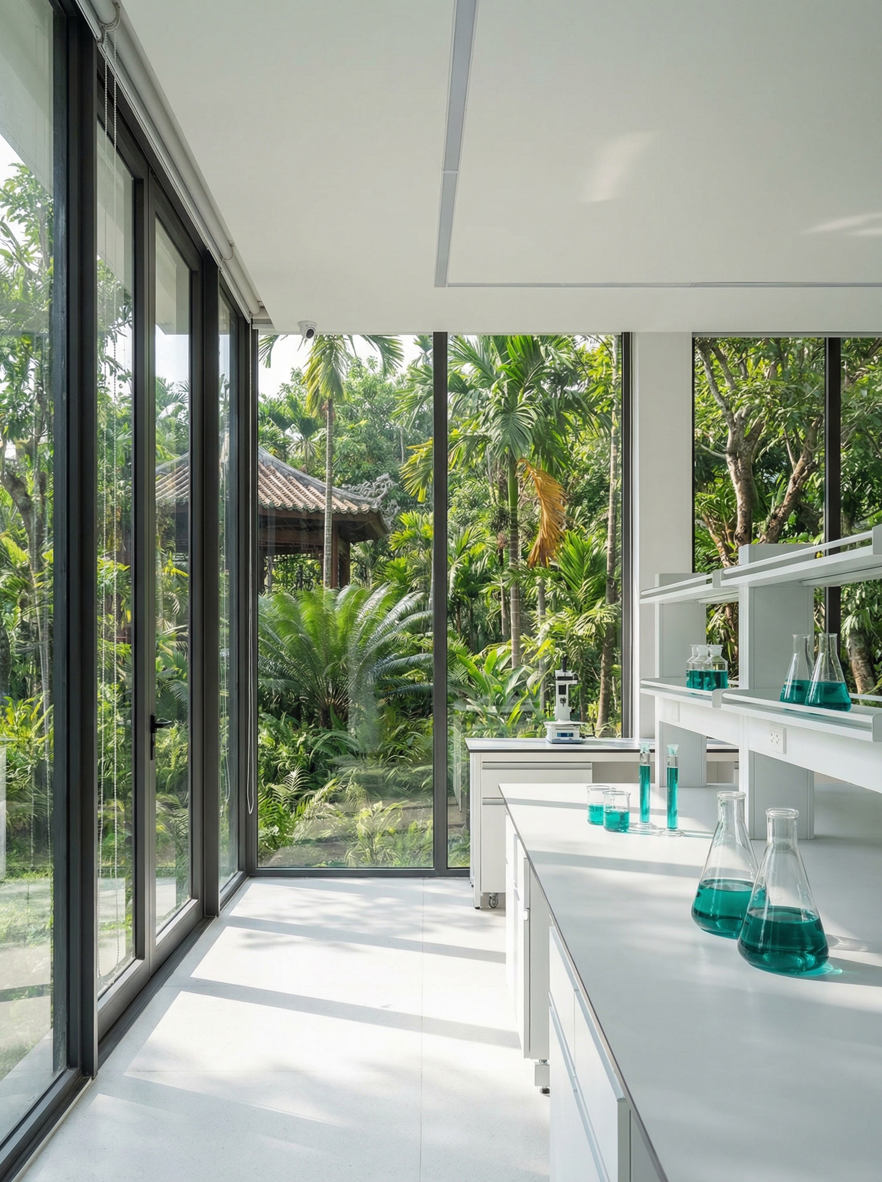 Research laboratory with botanical specimens and golden hour light