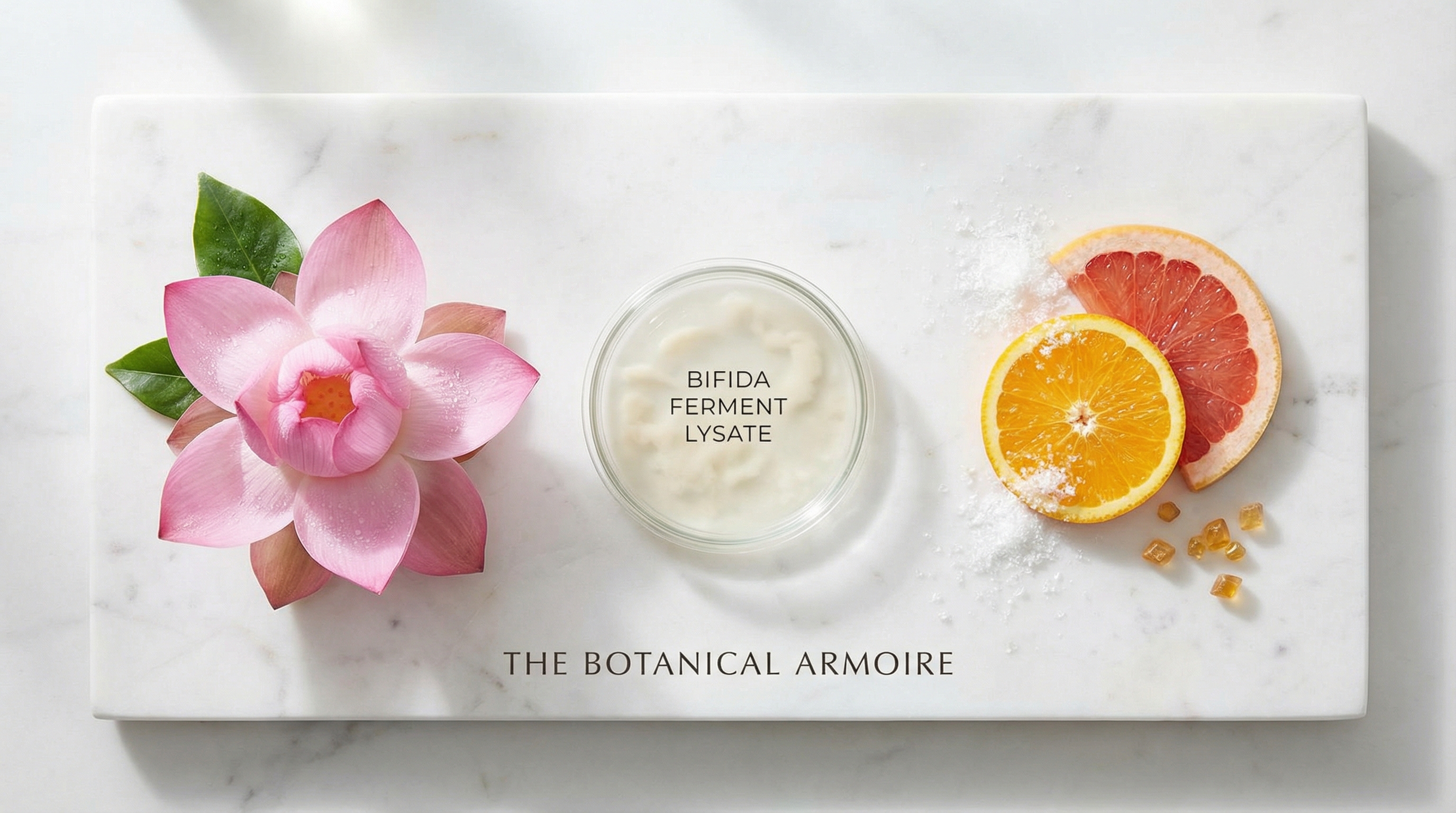 Three botanical ingredients on marble surface