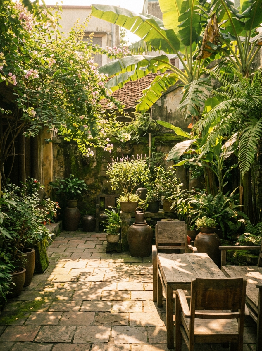 Traditional Vietnamese courtyard garden with tropical plants and stone pathway