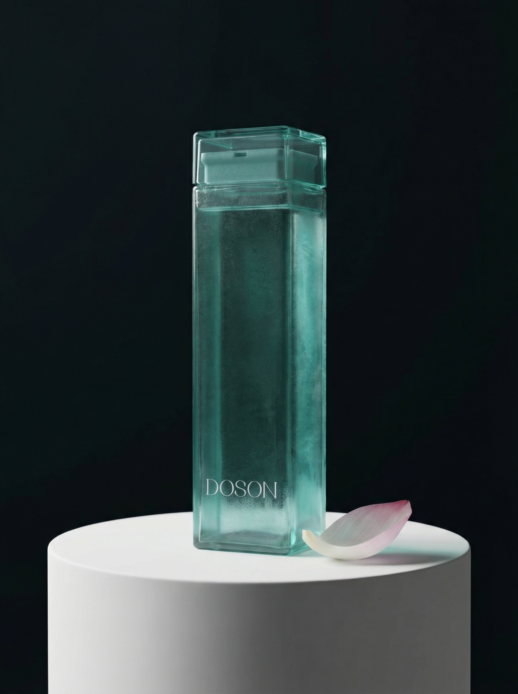 DOSON serum bottle on white pedestal with lotus petal, dark teal background
