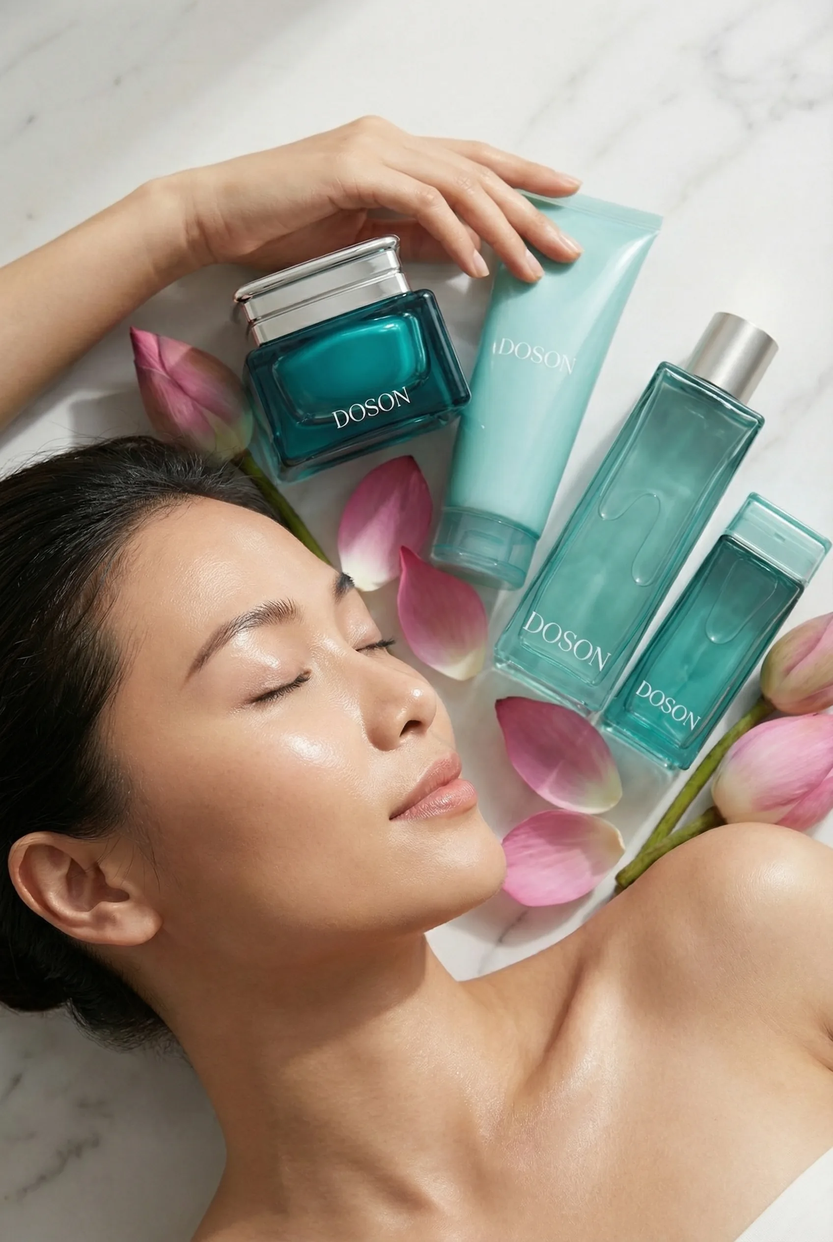 DOSON complete collection — woman lying on marble with teal bottles and lotus petals