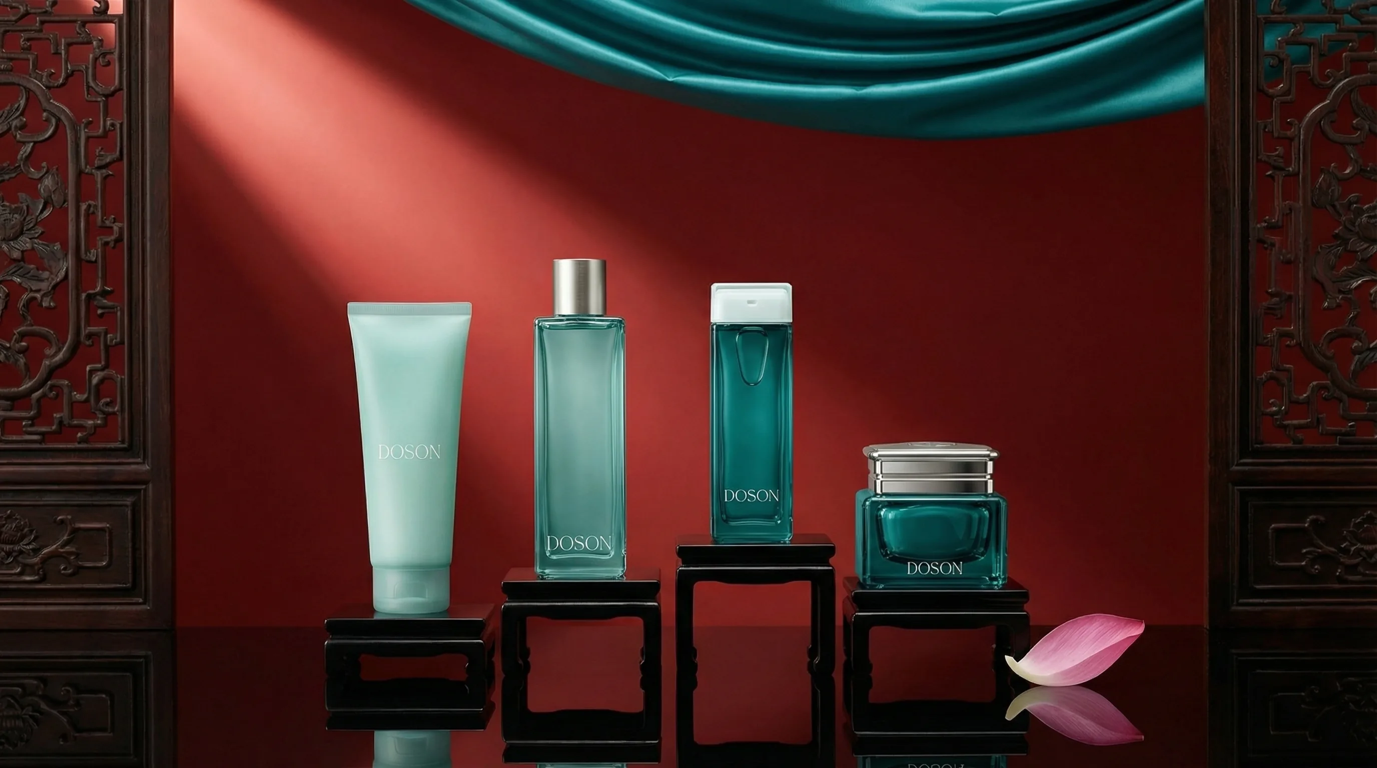 Tứ Hương — The Four Fragrances, DOSON collection on lacquer pedestals in Vietnamese imperial court setting