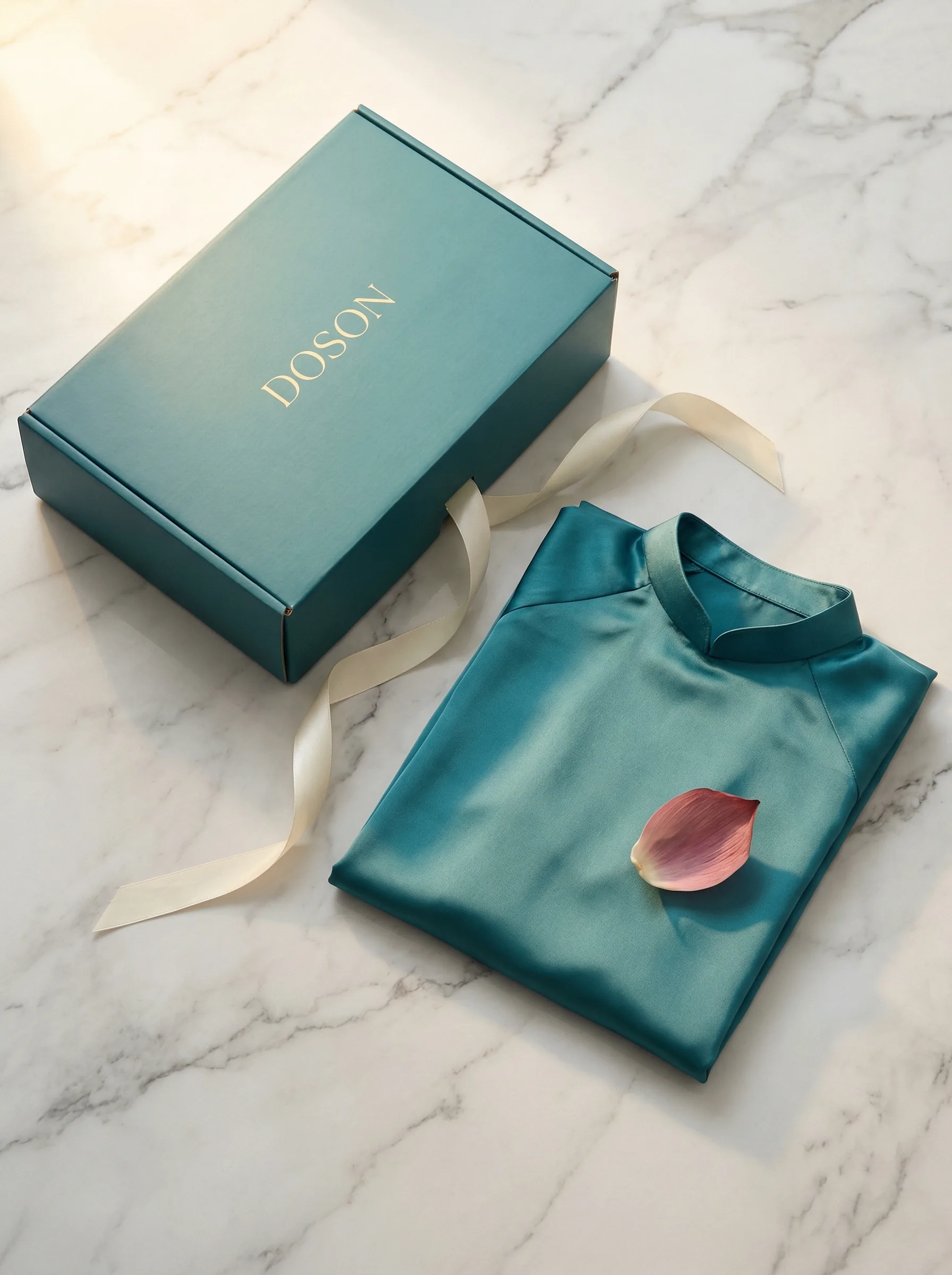 DOSON teal gift box with silk garment, ivory ribbon, and lotus petal on marble