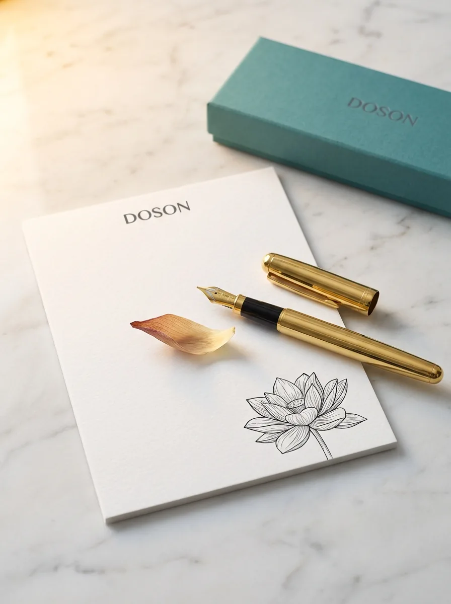 DOSON notecard with lotus line drawing, gold fountain pen, and teal box on marble
