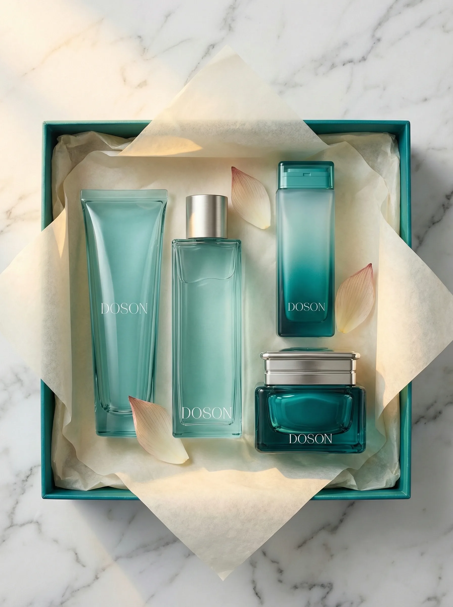 DOSON gift box bird's-eye — four teal products nestled in tissue paper with lotus petals