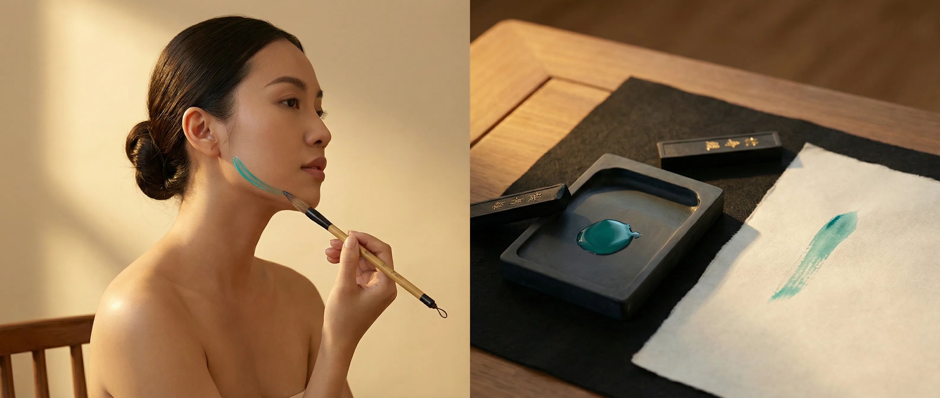 Đồ lại nét son — woman tracing teal Dosomatrix™ serum along jawline with calligraphy brush, inkstone and paper beside her